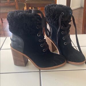 UGG Black Heeled Boots with Cozy Fur Trim